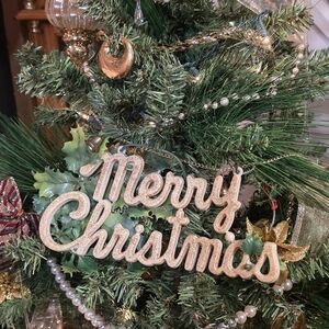 Vintage Glitter Merry Christmas Holly Sign 11.5" Retro Mid-Century Kitschmas